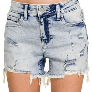 Zenana Distressed raw hem Denim Shorts acid wash sz M NWT